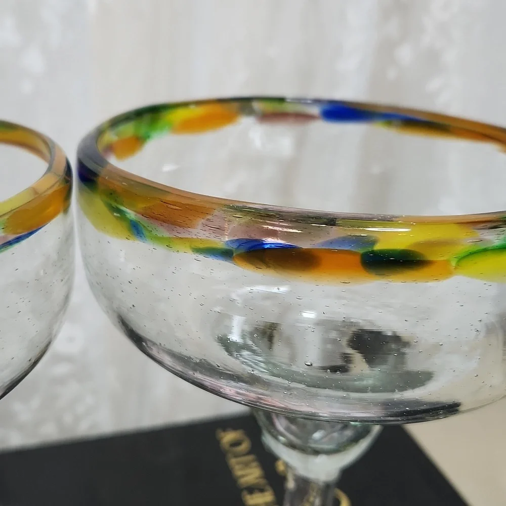 Matching Mexican Textured Confetti Hand Blown Recycled Glass Margarita Glasses